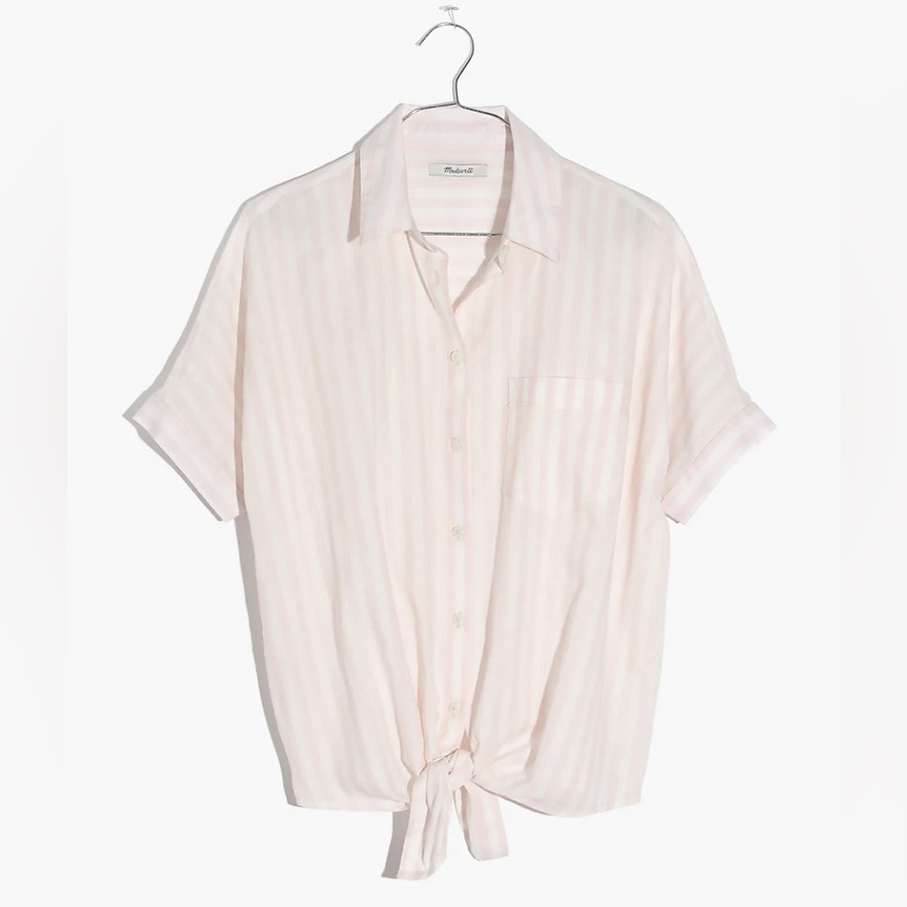 Short-Sleeve Tie-Front Shirt in Pink Stripe